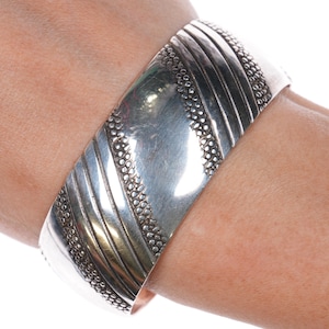 6.5&quot; IHMJ Navajo sterling silver wide band cuff bracelet stamped design
