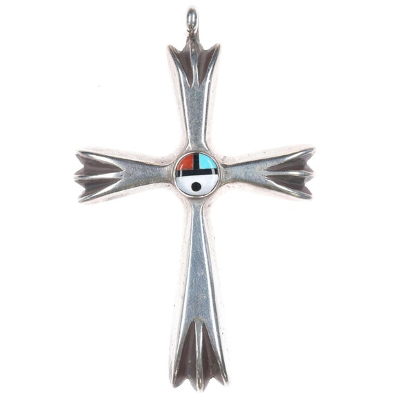 Large Vintage Zuni silver sunface inlay Cross - image 1