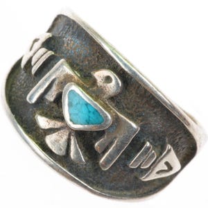 Vintage Fred Harvey sydvästlig ring i sterlingsilver med turkos "Thunderbird"-motiv i storlek 5,5