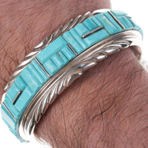 Calvin Begay Navajo Sterling/turquoise cobblestone cuff bracelet