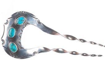 Horquilla para el cabello Navajo de plata de ley con turquesa azul gema, estilo años 40.
