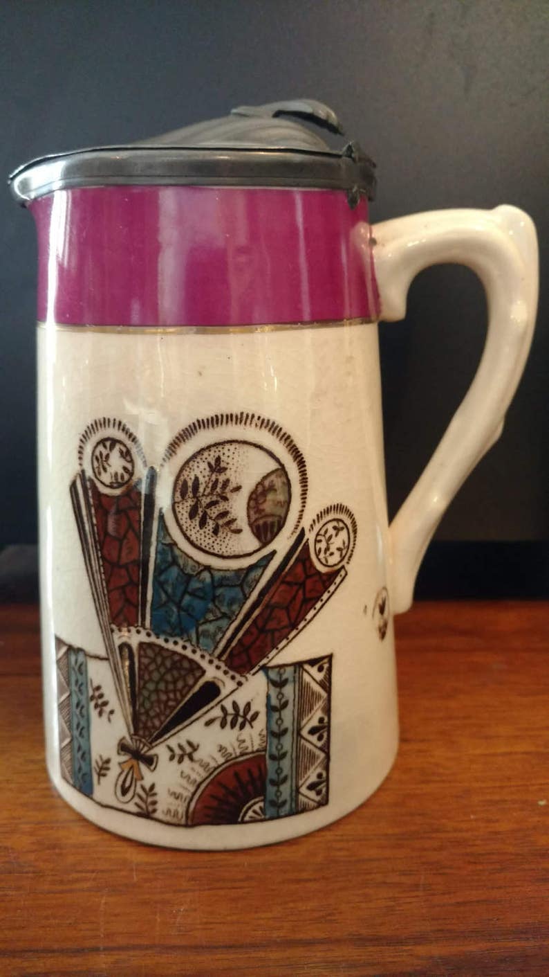 Victorian Pewter Lidded Ceramic Syrup Pitcher Hand Decorated over Transferware c.1870/'s