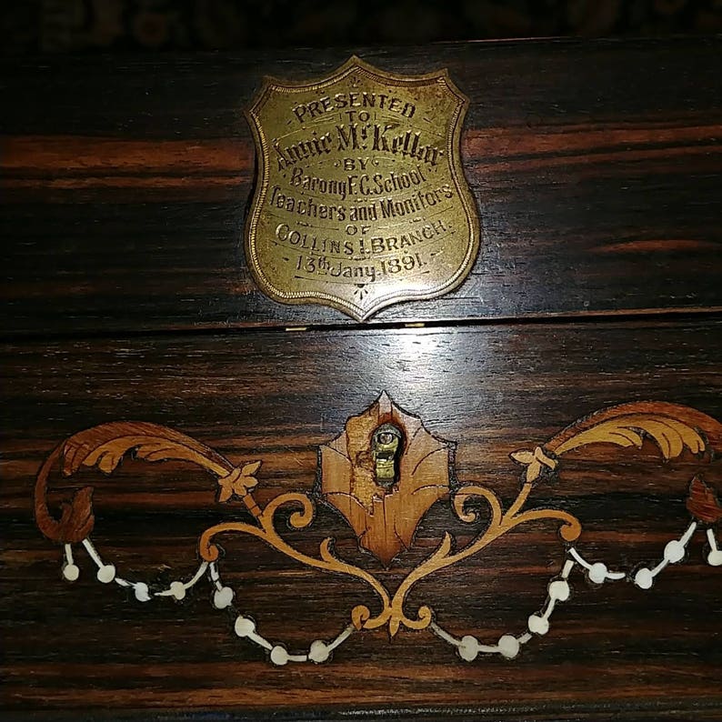 Presentation lap Desk To Branch 13th Jan 1891 Intricate inlay School Teachers and Monitors of Collins I Annie McKellar By Barony F.C