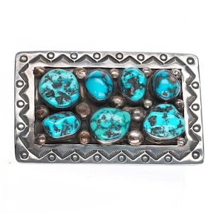 Heavy Vintage Becenti Navajo square sterling silver turquoise nugget belt buckle