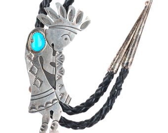 Vintage Navajo sterling silver stamped Kokopelli bolo tie with turquoise