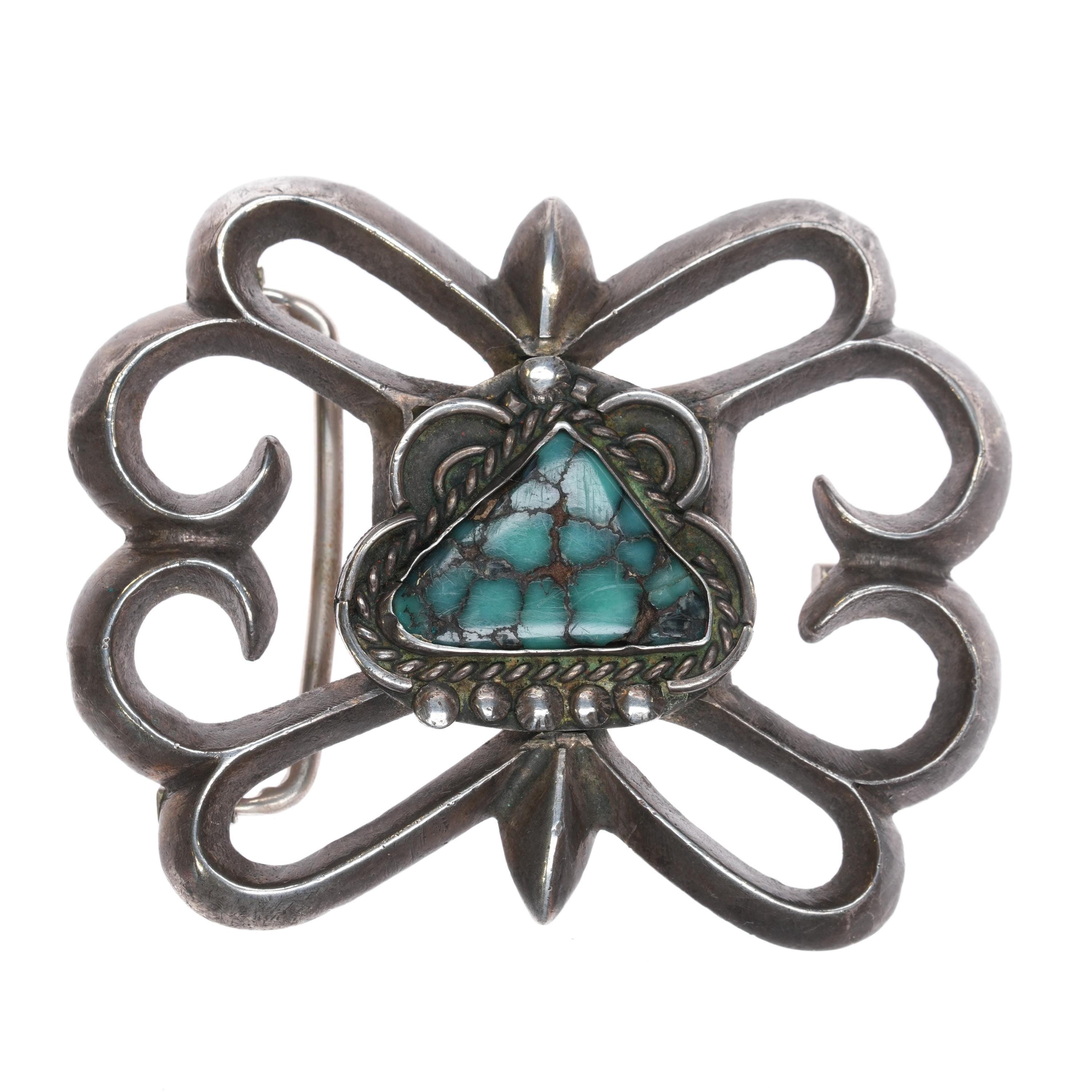 c1960's Vintage Navajo cast sterling silver belt buckle with spiderweb turquoise