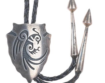 James Honyaktewa Hopi overlay vintage arrowhead form bolo tie sterling silver