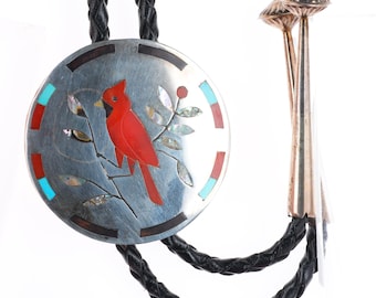 Derrick & Nichelle Edaakie Zuni sterling silver Redbird Cardinal inlay bolo tie