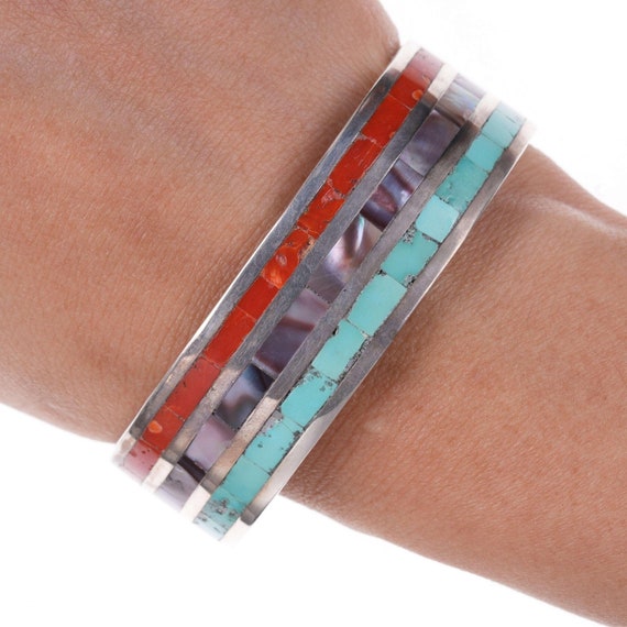 Vintage Zuni Channel inlay Turquoise, coral, and … - image 1