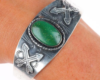 Brazalete de plata esterlina con turquesa y serpientes/flechas estilo navajo de 6,6 pulgadas, de la década de 1940, de la época de Fred Harvey.