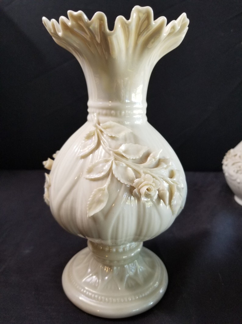 Belleek Black Mark Flared Vase Heavy Applied Florals Etsy