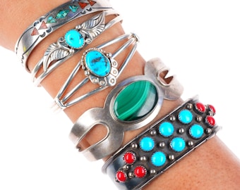 Lote de brazaletes vintage de plata esterlina estilo suroeste/Navajo de 6"-6.6" con turquesa