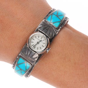 6&quot; Vintage F.W. Zuni sterling silver channel inlay turquoise watch cuff bracelet
