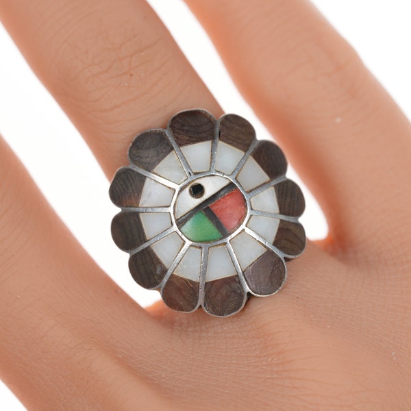 sz4 Vintage Zuni sunface channel inlay silver ring