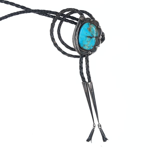Vintage Native American silver and turquoise bolo tie with blossom tips
