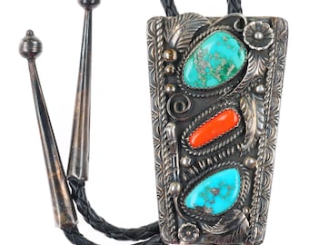 c1960 c-31 Monroe Ashley Navajo sterling silver turquoise and coral bolo tie
