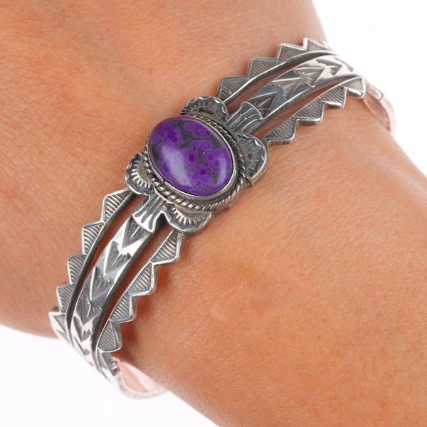 6.4" Vintage Navajo sterling silver sugilite deep stamped cuff bracelet