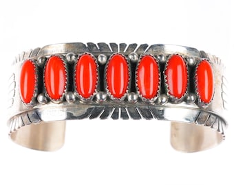 7" T Spencer Navajo vintage sterling silver high grade coral row cuff bracelet