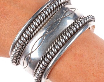 Pulsera Tahe Navajo de 6,4" con alambre trenzado y estampado, brazalete grueso.