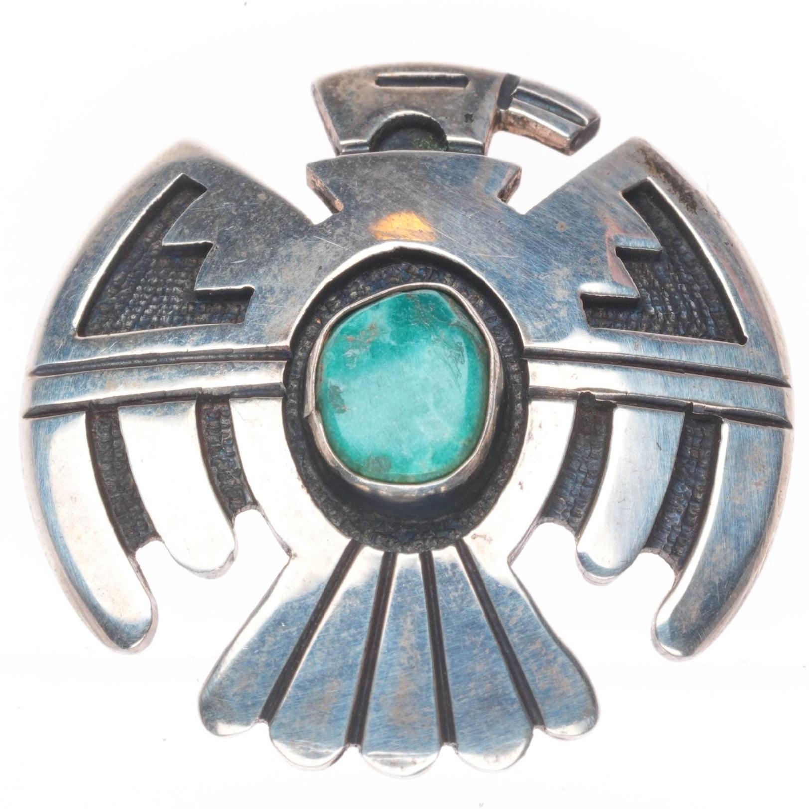Vintage Ted Wadsworth Hopi Sterling and Turquoise Thunderbird Pin 