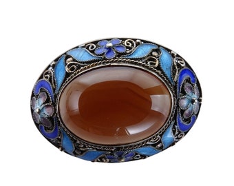 1930's Chinese Sterling Silver Enamel Agate brooch