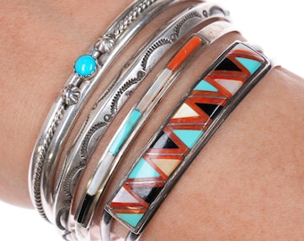 6.25&quot;-6.5&quot; 4 Navajo Carinated/Zuni Inlay sterling silver stacking cuff bracelets
