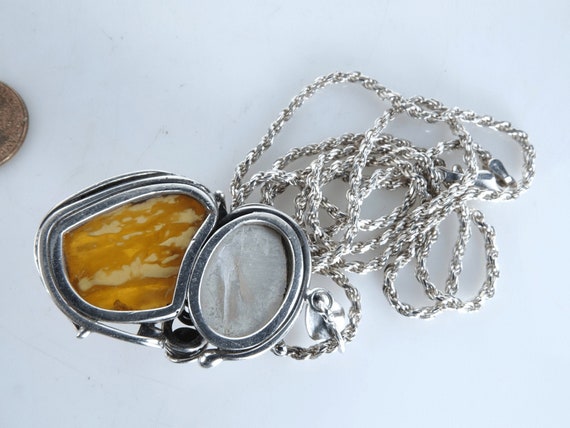 Vintage Amber and Mother of pearl Sterling Pendan… - image 2