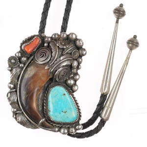 c1980 AK Navajo Large sterling silver, turquoise/coral bolo tie