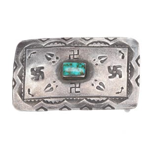 c1930 Navajo sterling silver whirling logs belt buckle w/ nice turquoise