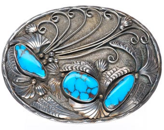 Hebilla de cinturón vintage Navajo grande de plata esterlina con turquesa Bisbee de 2 pulgadas