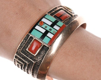 Preston Monongye (Hopi) (1927-1987) Tufa Cast Rose Gold Channel inlay bracelet