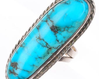 sz4.75 long vintage Tom Sam Navajo sterling silver Kingman turquoise ring