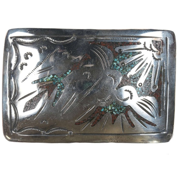 Vintage Navajo Sterling turquoise chip inlay belt… - image 1