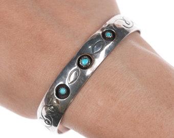 6.5" Vintage Navajo silver shadowbox slim cuff bracelet with turquoise