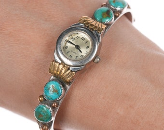 7 1/8" Vintage Sterling/turquesa latón montado brazalete de reloj nativo americano