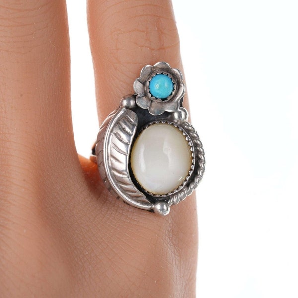 sz5 1970's Ramone Navajo sterling turquoise and mother of pearl ring