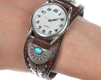Brazalete de reloj de cuero montado Vintage Southwestern Sterling de 7"