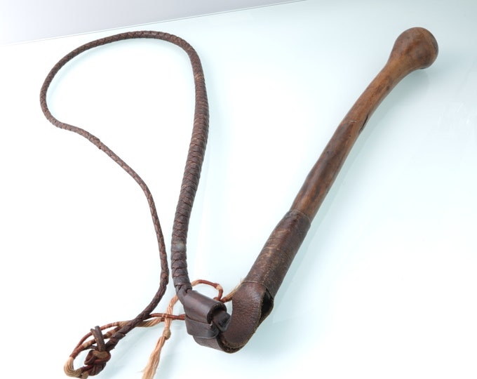 C1900 Antique Fox Hunting Hound Whip Wood Handle With Finely Woven