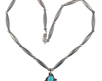 1970&#39;s Navajo sterling silver tube bead necklace with turquoise pendant