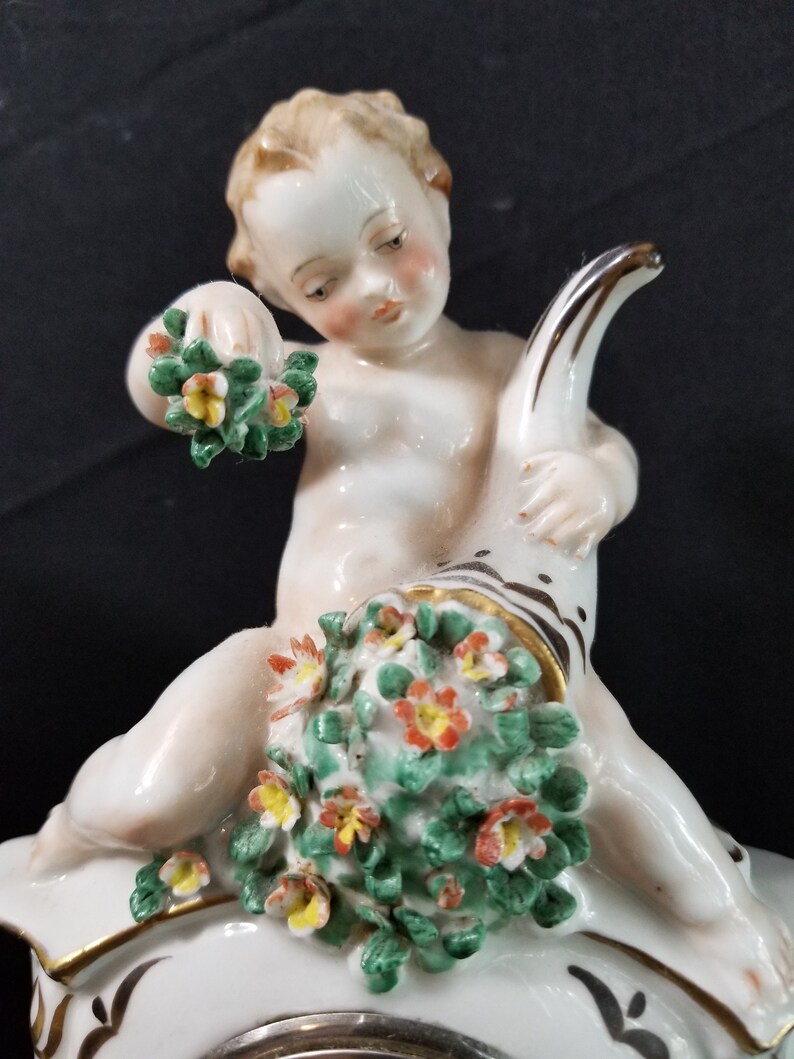 Antique Capodimonte Cherub Style Clock Set Italian or Dresden Hand painted and Applied florals c.1880