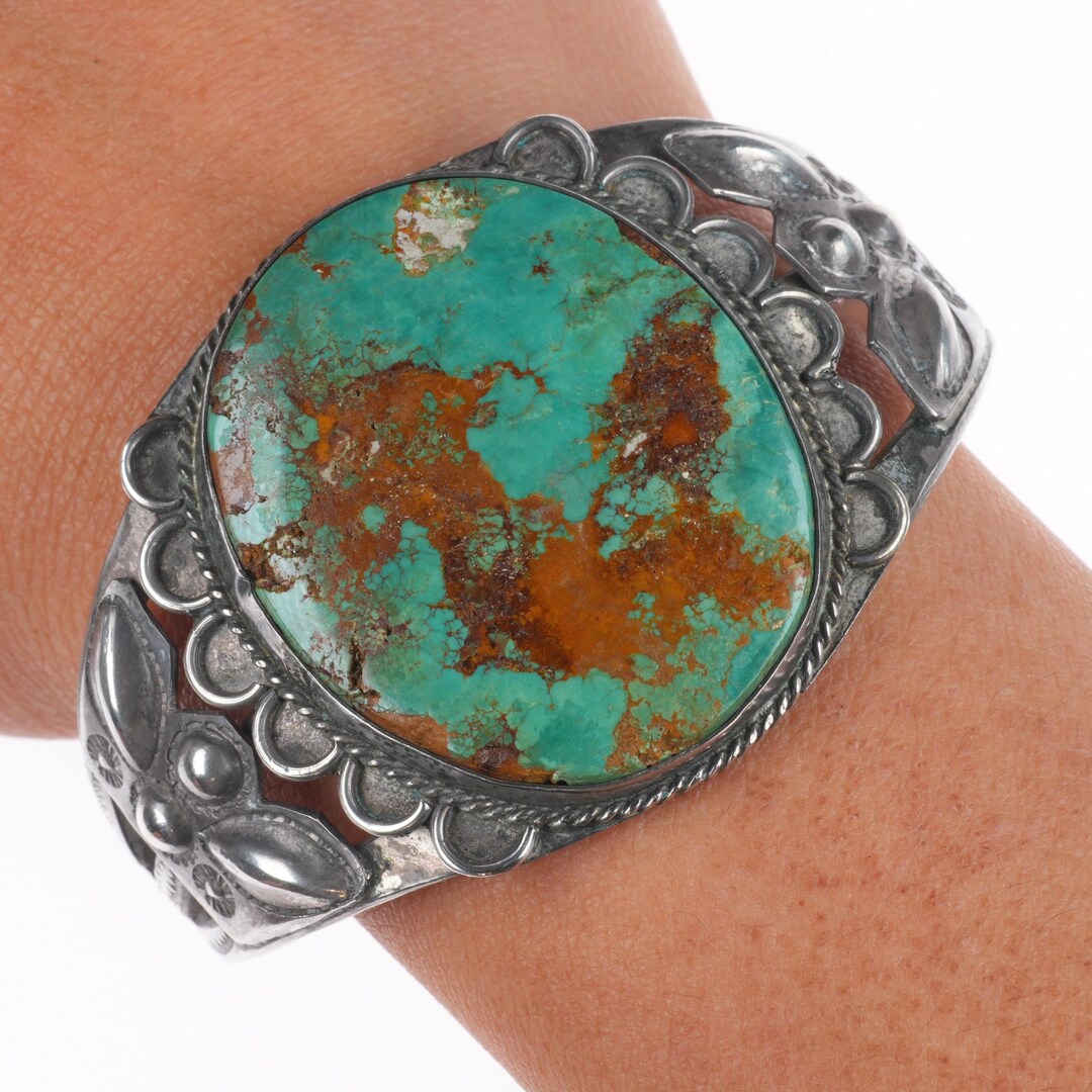 6.5" C1940 Navajo Ceremonial Kingman Turquoise Sterling Silver Big Cuff ...
