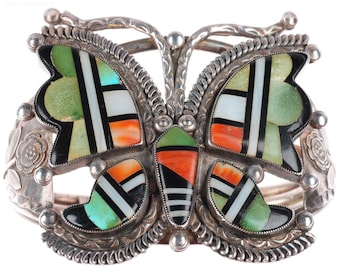 6.3" c1940 Zuni turquoise, spiny oyster sterling silver butterfly cuff bracelet