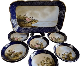 Juego de postres de porcelana antiguo pintado a mano, 13 piezas, década de 1850