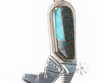 Robert Vandover Navajo sterling silver turquoise inlaid boot pendant/pin