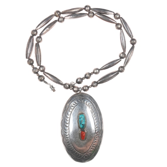 Vintage Navajo silver turquoise, and coral pendant