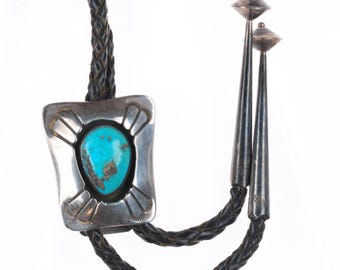 c1970 Vintage Leander Nezzie Navajo sterling silver turquoise shadowbox bolo tie