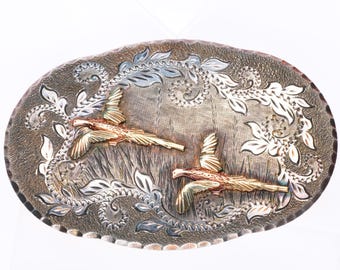 10k Black Hills Gold Sterling silver engraved pheasants buckle for 1.5" belt