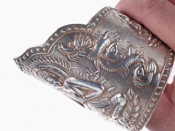 Antique Asian silver Repousse Buddha Cuff bracelet - image 6