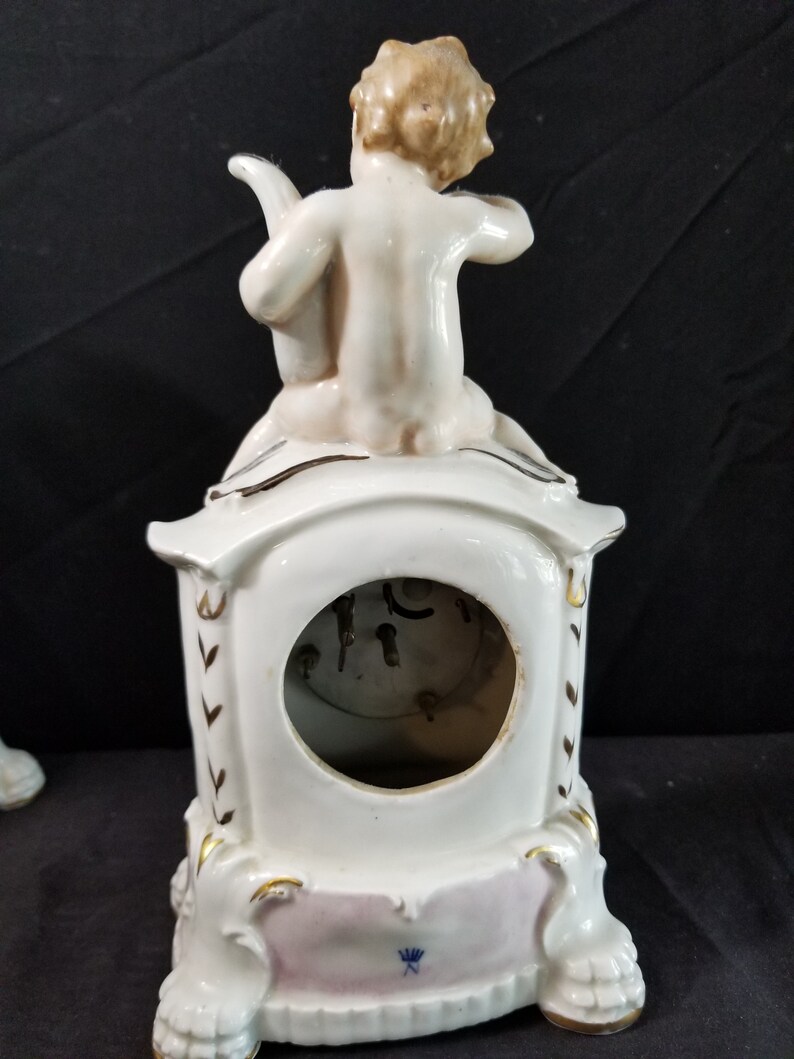Antique Capodimonte Cherub Style Clock Set Italian or Dresden Hand painted and Applied florals c.1880