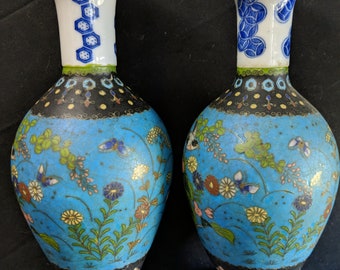 c1870 Japanese Cloisonne Over Blue/White Porcelain Vases Pair 8.5